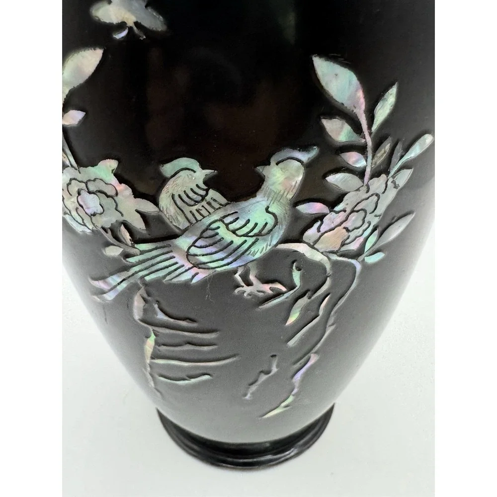 Black Metal Enamel Table Vase Bird Floral Inlay Round Asian Decor Small Accent